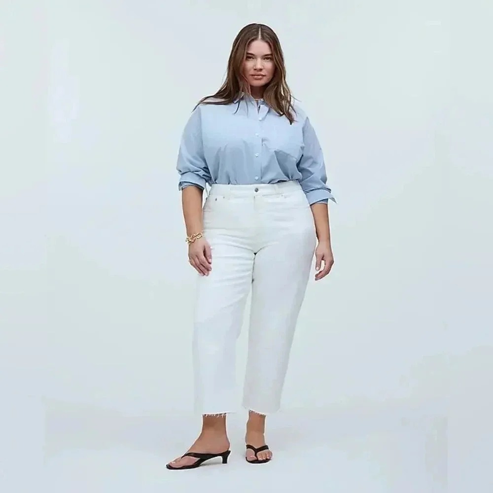 Madewell 90s Straight Crop Jeans White High Rise Raw Hem NQ688‎ Womens 18W NEW